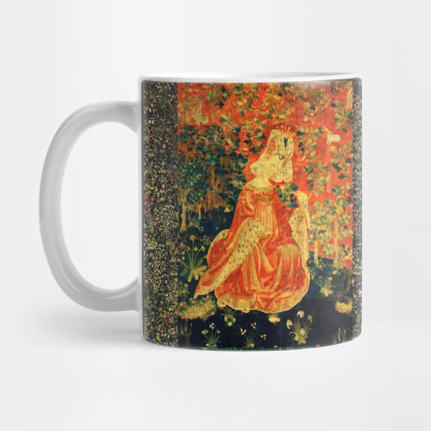 LADY WITH HAWK AMONG FLOWERS AND OAK LEAVES ,HARES, Orange Green Floral by BulganLumini